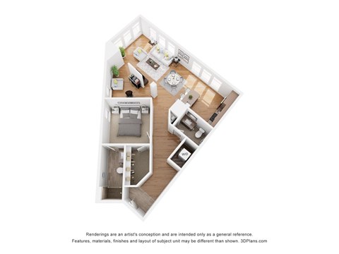 Floor plan for 1 bed, 1.5 baths, 987 sqft