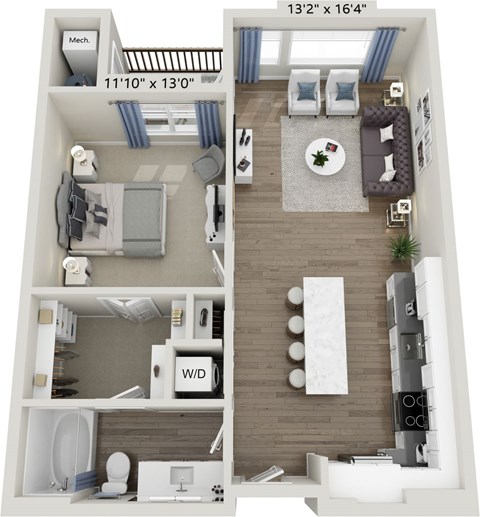 Floor plan for 1 bed, 1 bath, 782 sqft