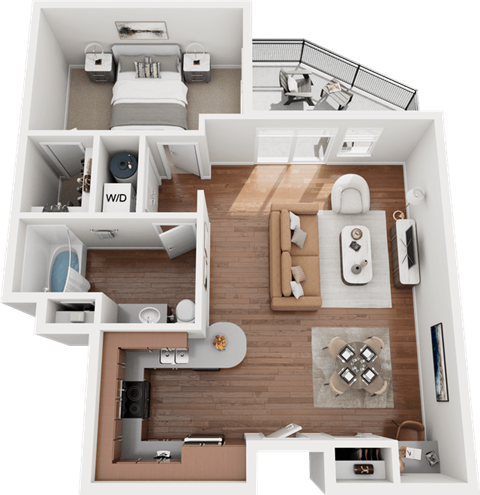 Floor plan for 1 bed, 1 bath, 877 sqft