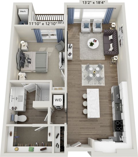 Floor plan for 1 bed, 1 bath, 834 sqft