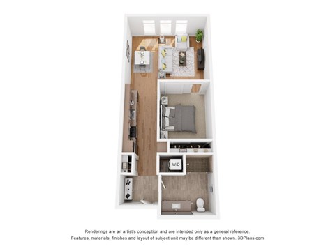 Floor plan for 1 bed, 1 bath, 622 sqft
