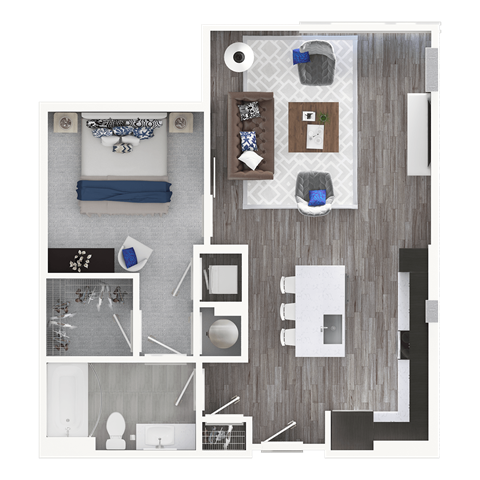 Floor plan for 1 bed, 1 bath, 734 sqft