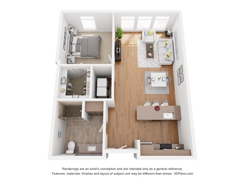 Floor plan for 1 bed, 1 bath, 649 sqft