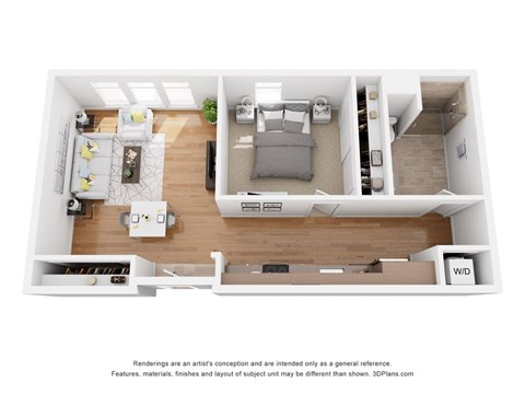 Floor plan for 1 bed, 1 bath, 661 sqft