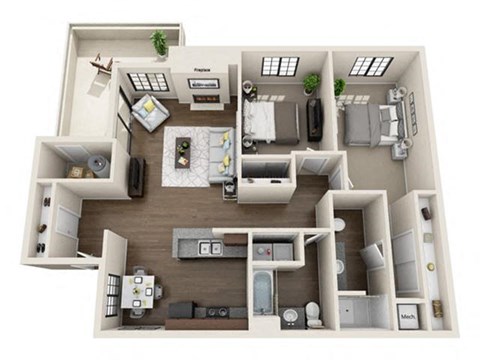 Floor plan for 2 beds, 2 baths, 1000 sqft