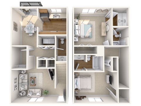 Floor plan for 2 beds, 2.5 baths, 1280 sqft