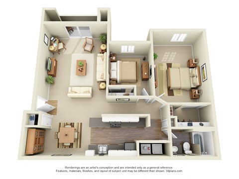 Floor plan for 2 beds, 1 bath, 977 sqft