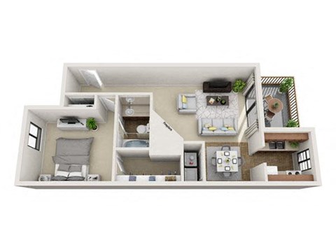 Floor plan for 1 bed, 1 bath, 727 sqft