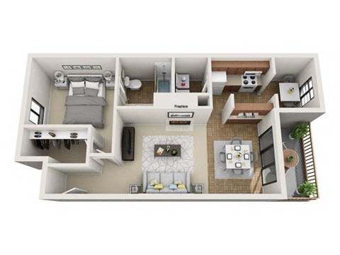 Floor plan for 1 bed, 1 bath, 833 sqft