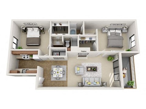 Floor plan for 2 beds, 2 baths, 970 sqft