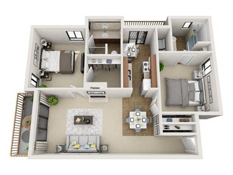 Floor plan for 2 beds, 2 baths, 1049 sqft