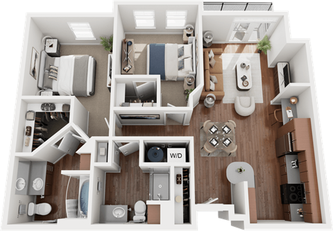 Floor plan for 2 beds, 2 baths, 1041 sqft