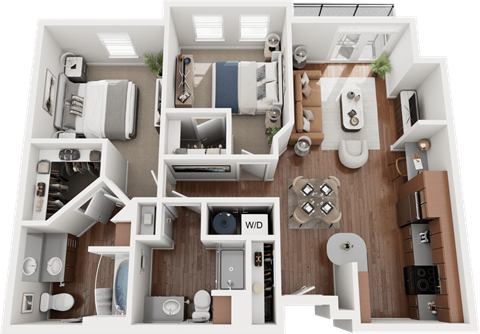 Floor plan for 2 beds, 2 baths, 1075 sqft