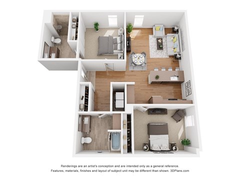 Floor plan for 2 beds, 2 baths, 1087 sqft