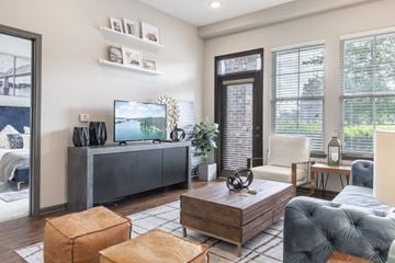 Chattanooga apartment for rent - A modern living room with a grey sofa, a wooden coffee table, and a television on a cabinet.