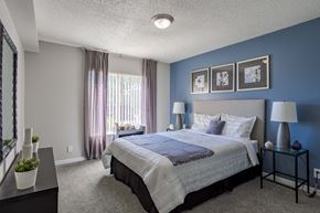 Colorado Springs apartment for rent - the preserve at ballantyne commons bedroom with large bed and blue walls