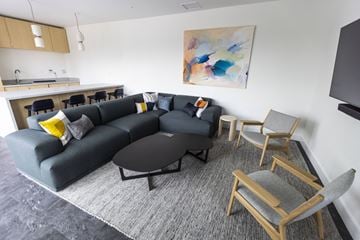 Portland apartment for rent - A grey couch with a yellow pillow is in the middle of a grey rug in a living room.
