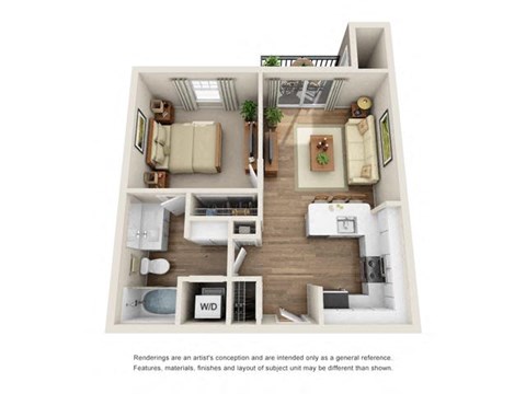 Floor plan for 1 bed, 1 bath, 611 sqft