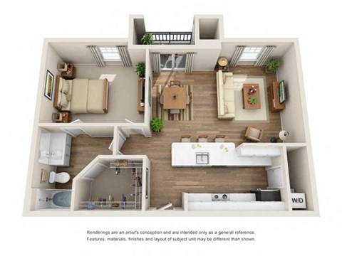 Floor plan for 1 bed, 1 bath, 863 sqft