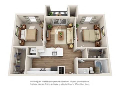 Floor plan for 2 beds, 1 bath, 861 sqft