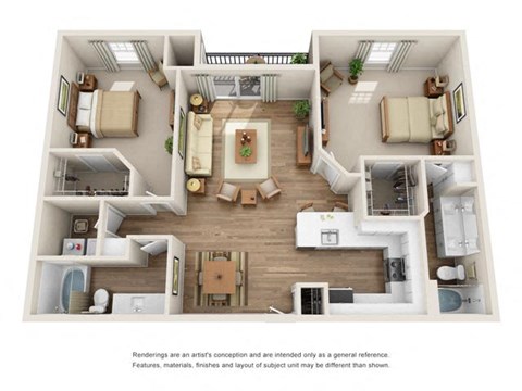 Floor plan for 2 beds, 2 baths, 1340 sqft