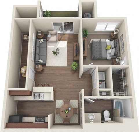 Floor plan for 1 bed, 1 bath, 859 sqft