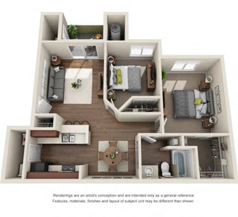 Floor plan for 2 beds, 1 bath, 956 sqft