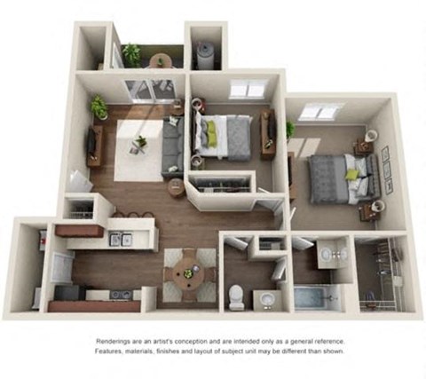 Floor plan for 2 beds, 1 bath, 978 sqft