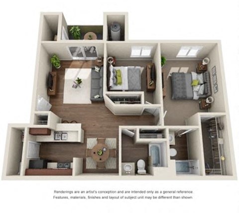 Floor plan for 2 beds, 2 baths, 1059 sqft