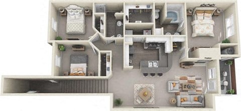 Floor plan for 3 beds, 2 baths, 1348 sqft