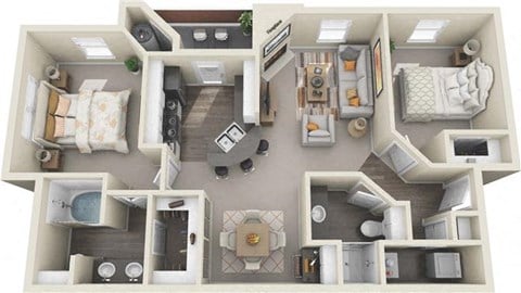 Floor plan for 2 beds, 2 baths, 959 sqft