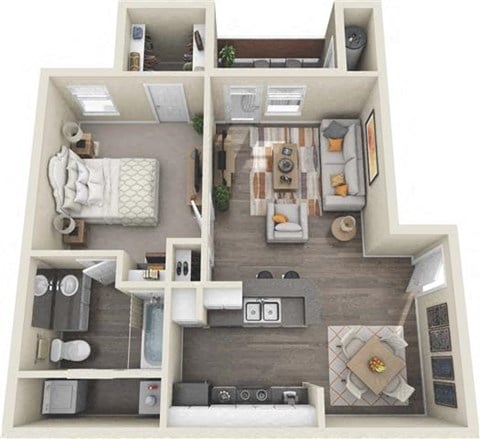Floor plan for 1 bed, 1 bath, 633 sqft