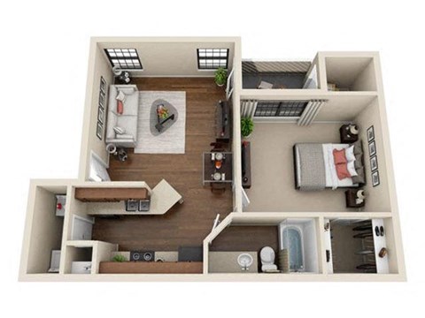 Floor plan for 1 bed, 1 bath, 544 sqft