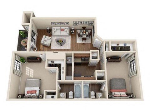 Floor plan for 2 beds, 2 baths, 1000 sqft