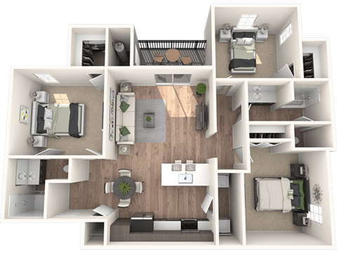 Floor plan for 3 beds, 2 baths, 1301 sqft