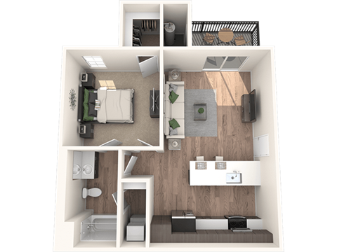Floor plan for 1 bed, 1 bath, 761 sqft