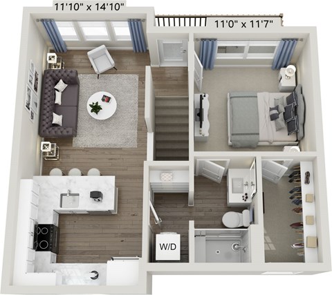 Floor plan for 1 bed, 1 bath, 739 sqft
