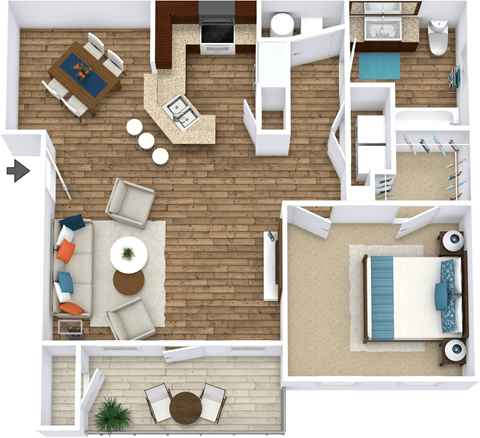 Floor plan for 1 bed, 1 bath, 766 sqft