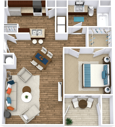 Floor plan for 1 bed, 1 bath, 732 sqft