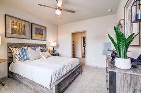 Wheat Ridge apartment for rent - A bedroom with a large bed and a ceiling fan.