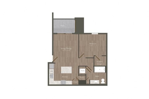 Floor plan for 1 bed, 1 bath, 655 sqft