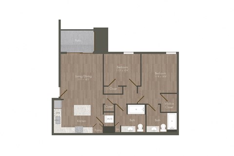 Floor plan for 2 beds, 2 baths, 906 sqft