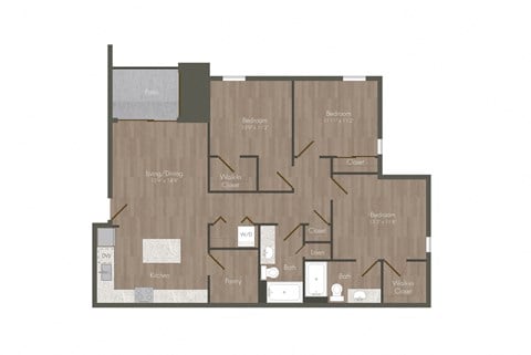 Floor plan for 3 beds, 2 baths, 1160 sqft