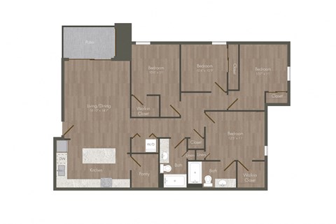 Floor plan for 4 beds, 2 baths, 1358 sqft