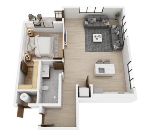 Floor plan for 1 bed, 1 bath, 890 sqft