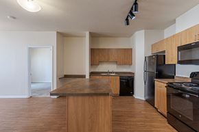 Denver apartment for rent - an empty kitchen with black appliances and wooden cabinets