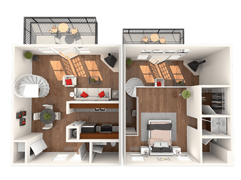 Floor plan for 1 bed, 1.5 baths, 917 sqft