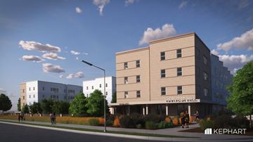 Broomfield apartment for rent - A modern building with the words "Harvest Hall" on the front.