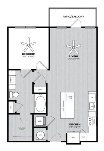 Floor plan for 1 bed, 1 bath, 734 sqft