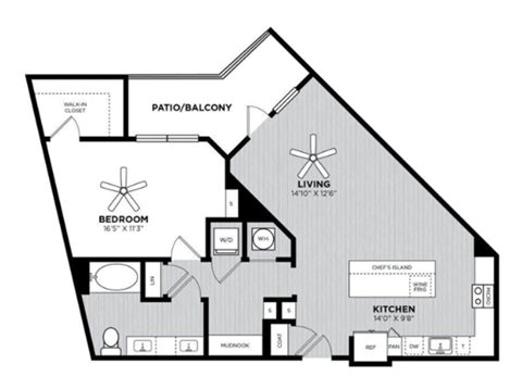 Floor plan for 1 bed, 1 bath, 936 sqft